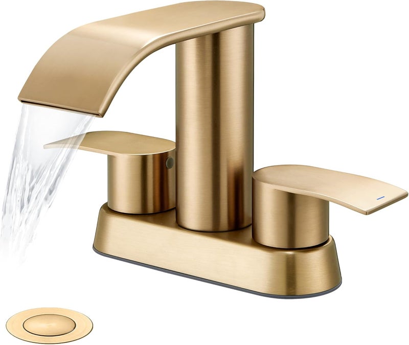 Ultimate Unicorn Bathroom Faucet for Sink Champagne Bronze, 4 Inch Bathroom Faucet for 3 or 2 Holes, 2 Handle Waterfall Faucets with Pop up Drain, Centerset Faucets for RV, Patent No. : US D983,326 S - Image 1